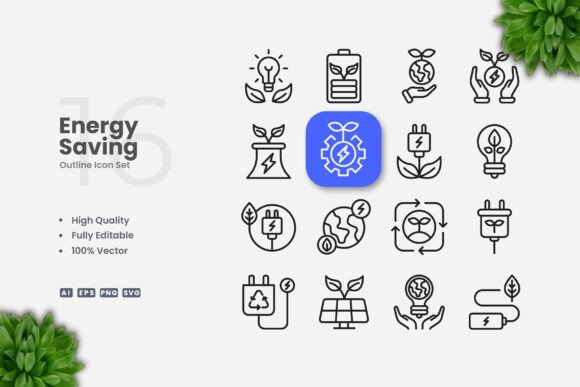 Energy Saving Outline Icons for Modern Design Projects