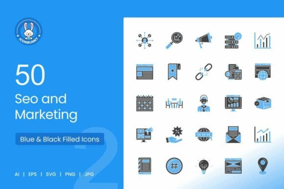SEO Marketing Blue Black Icons for Digital Growth and Branding